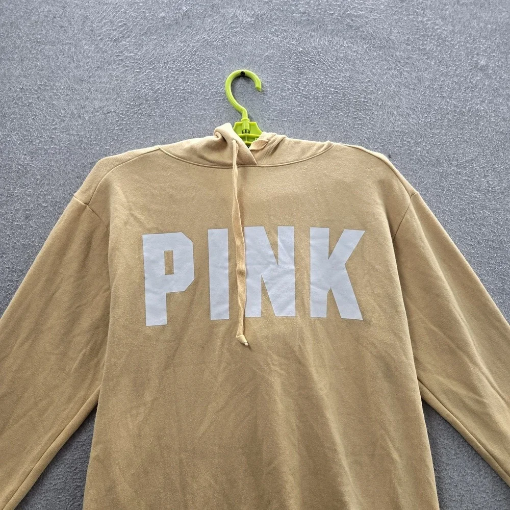 PINK‎ Victoria's Secret Women Hoodie M Tan PINK Text Activewear Logo Long Sleeve
